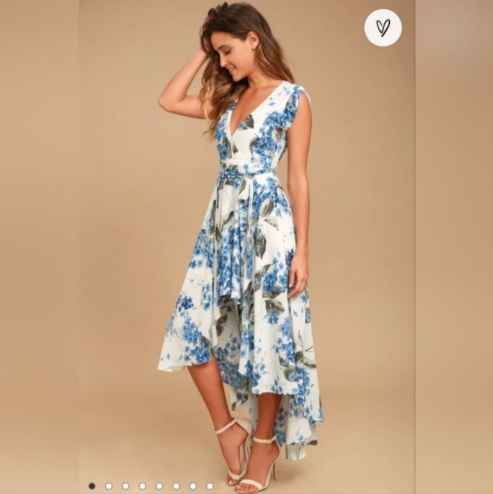 Lulu's white and blue floral high low dress XL